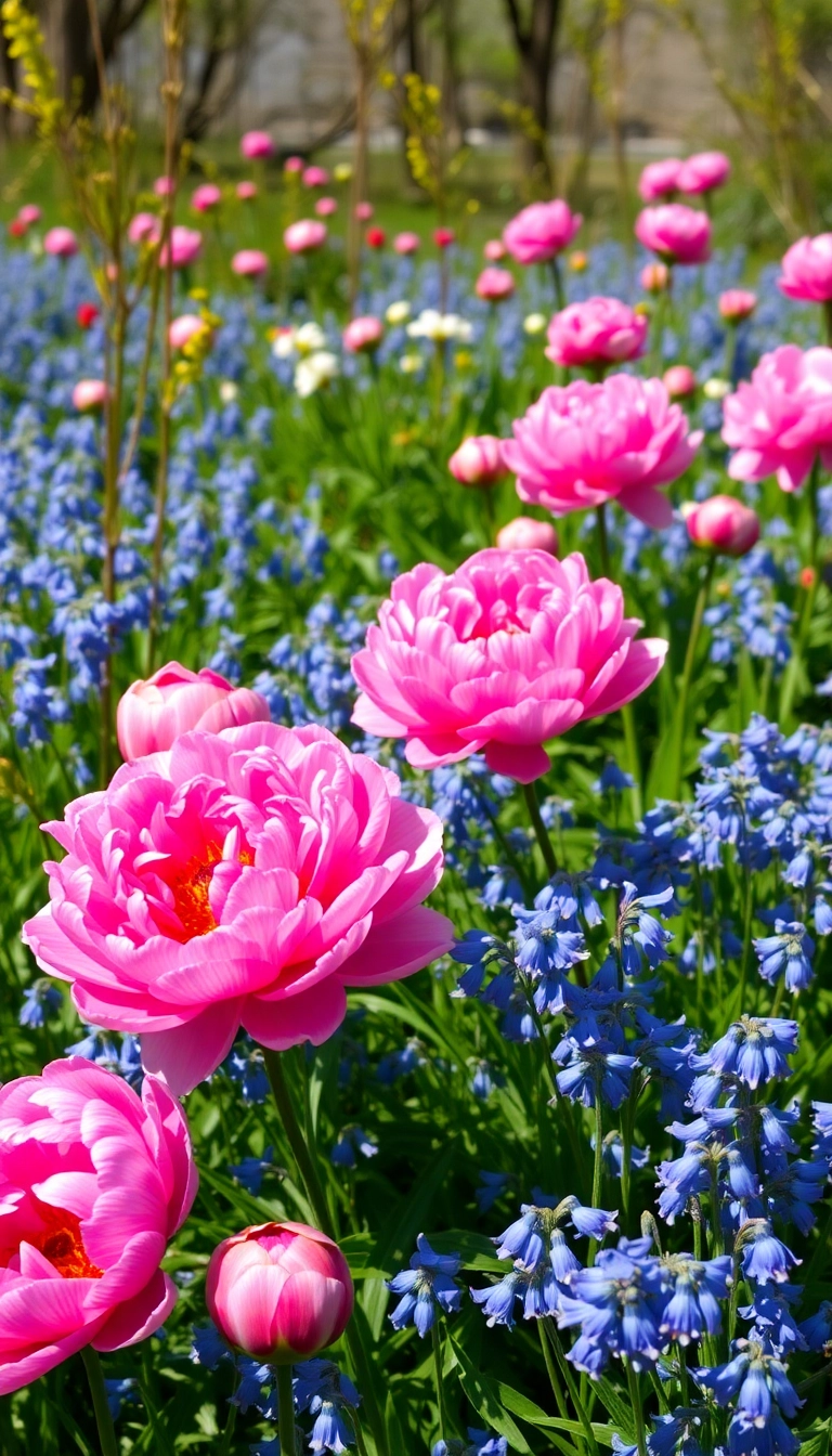 26 Stunning Plant Combinations to Transform Your Sunny Front Yard! - 14. Vibrant Contrast: Peonies and Bluebells